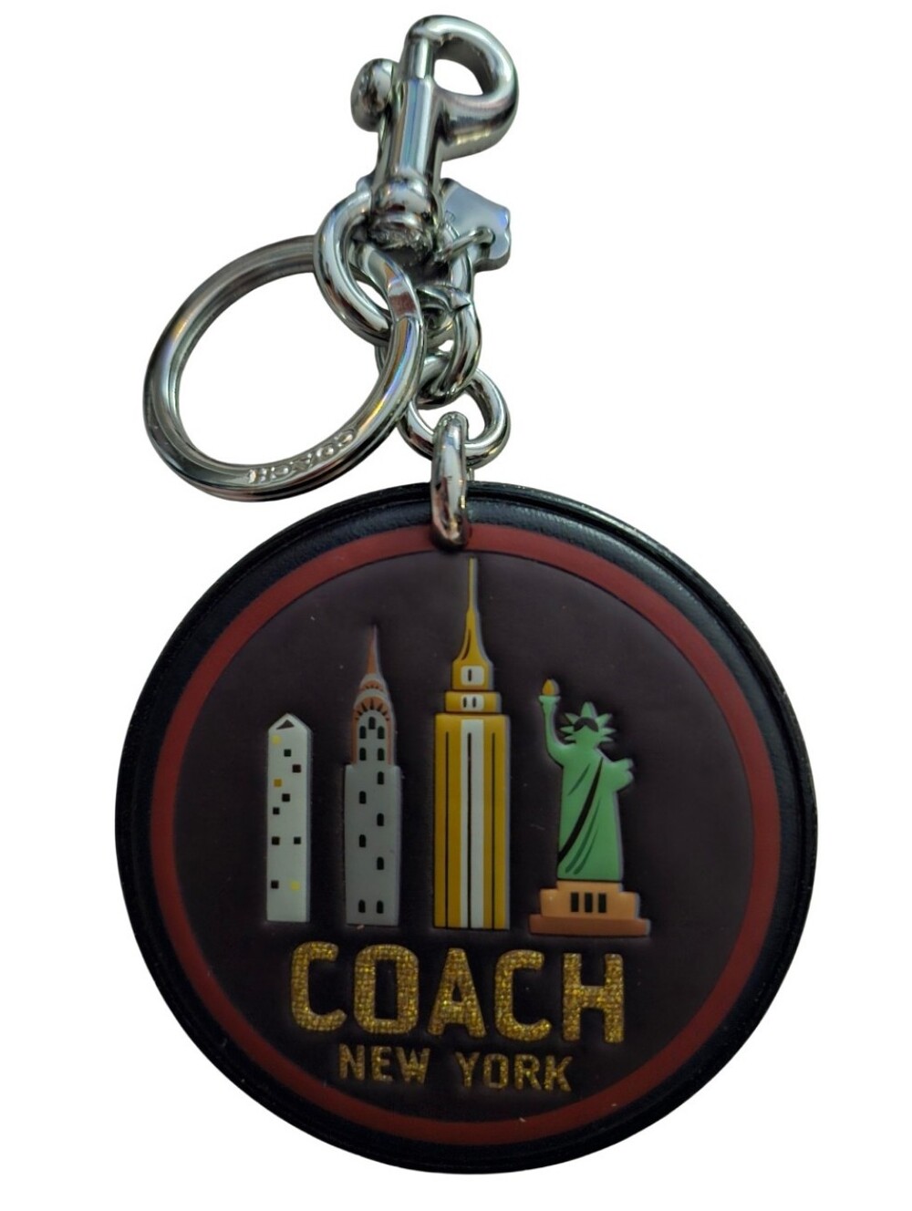 Coach NWOT Round New York Skyline Keychain in Black, Red, Gold, Green